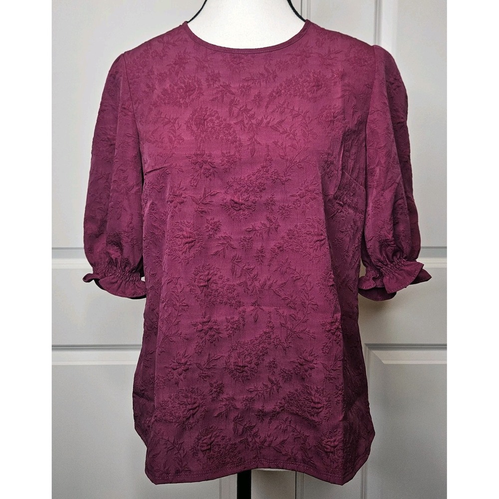 Ted Baker Women's Puff Sleeve Blouse Size Small Wine Textured Floral Embellished